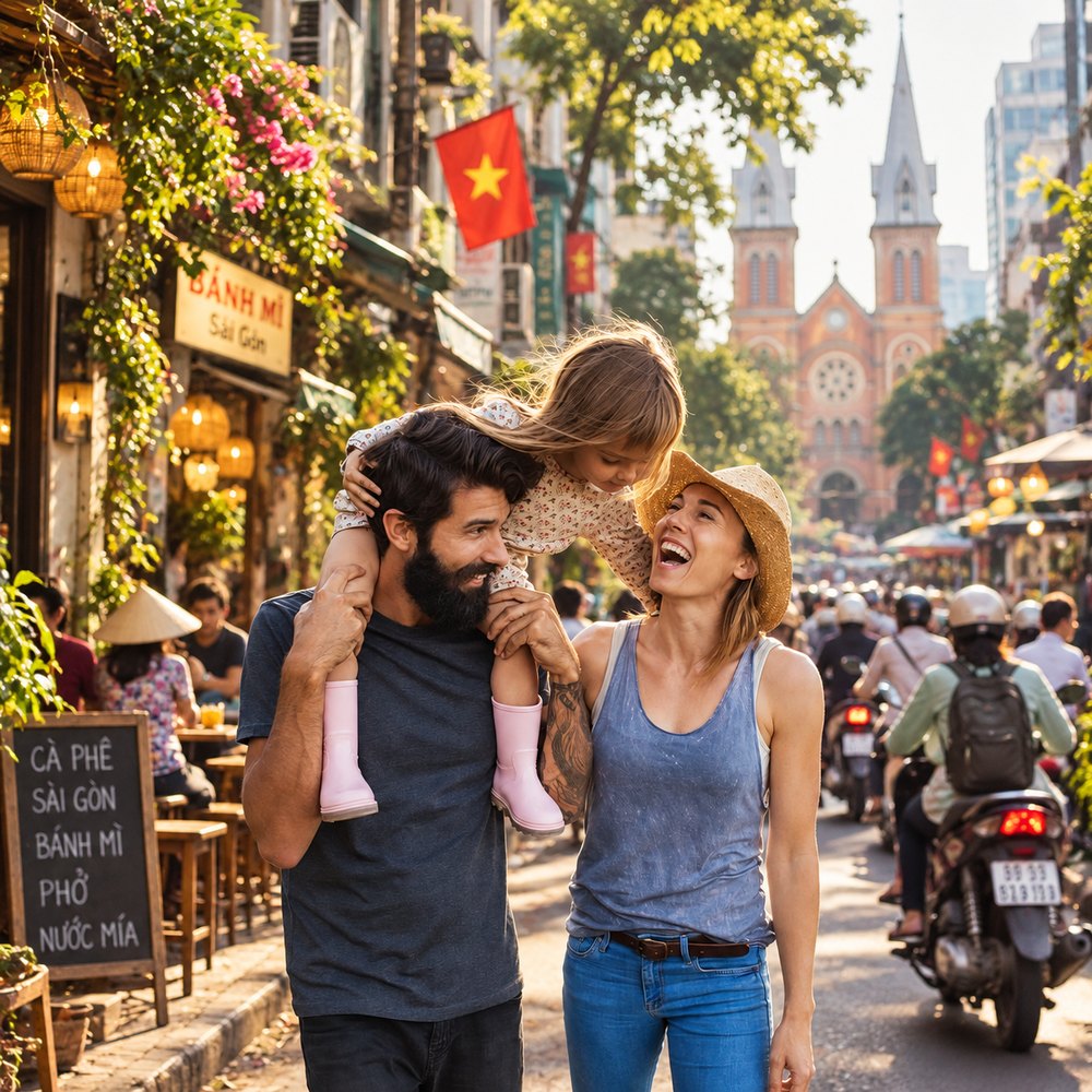 Family walking through Ho Chi Minh City with their daughter on dad's shoulders